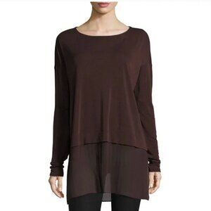 Eileen Fisher Clove Brown Sheer Hem Bateau Neck Boxy Silk Tunic